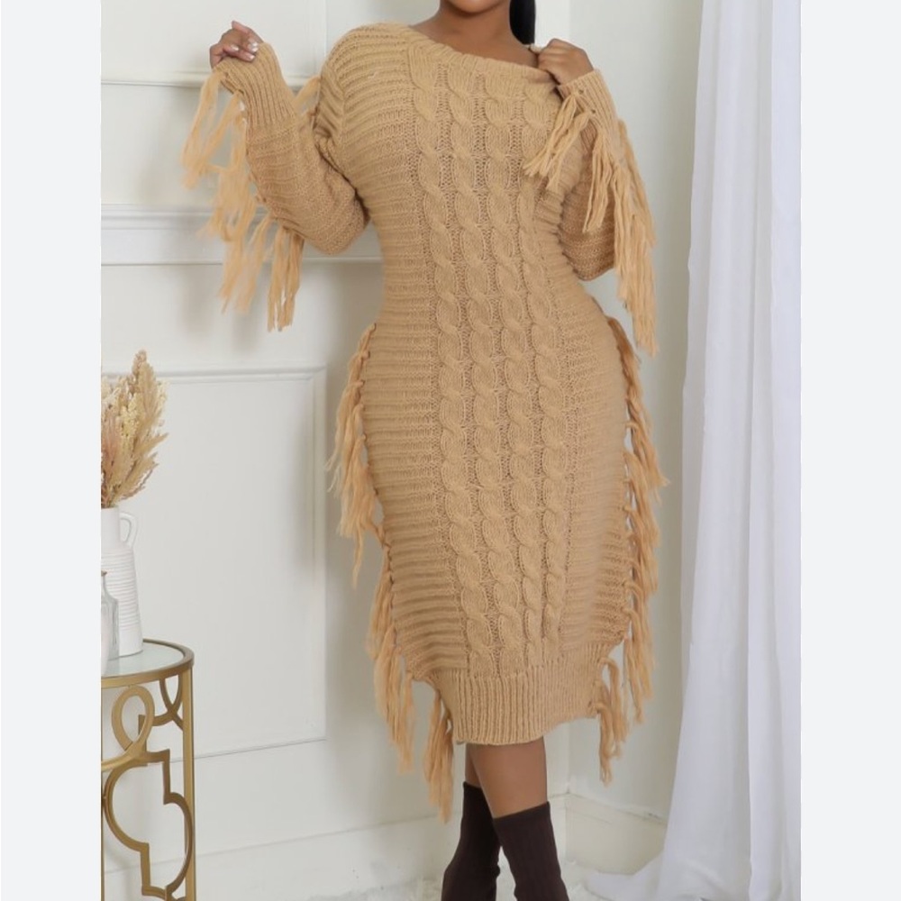 Fancy dream M Women's Bodycon Pullover Tassels Sweater Dress, Casual Long Sleeve